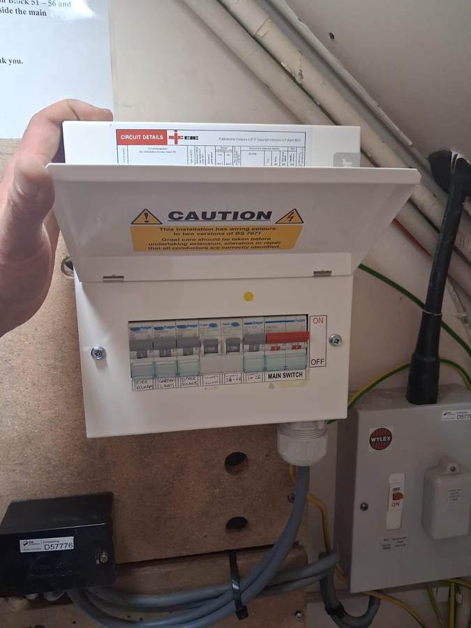 Residential care homes: Landlord board with circuit chart and warning labels