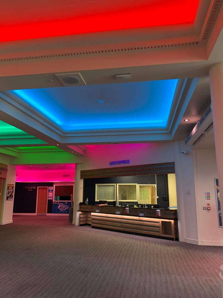Towngate Theatre: Box office with colour-changing cove lighting