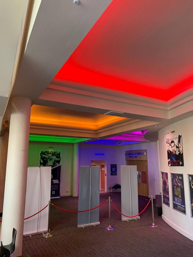 Towngate Theatre: Foyer with coffered ceiling lighting